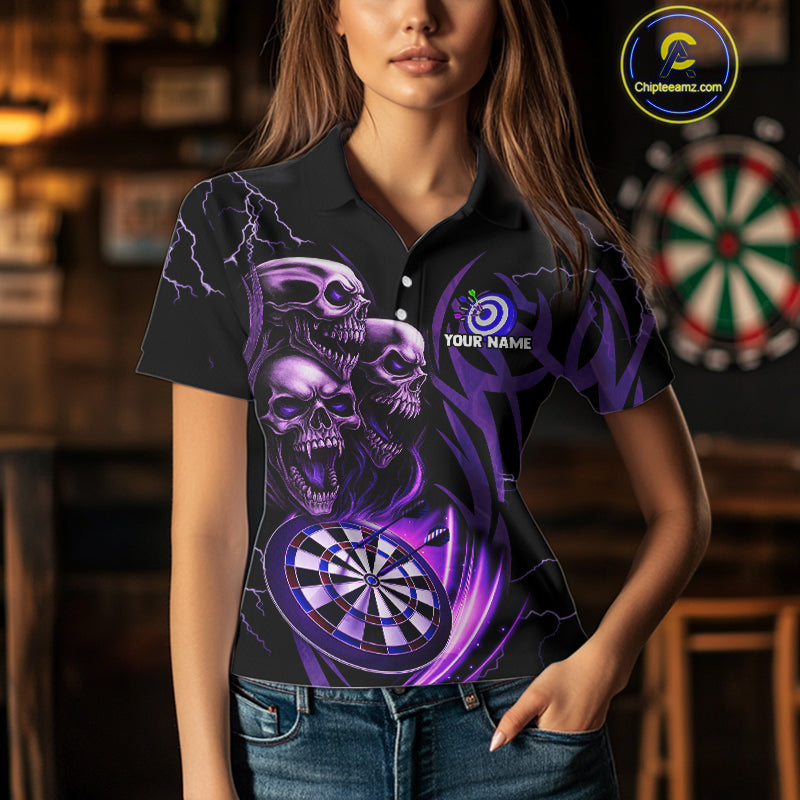 Personalized Skull & Dragon Darts Shirt For Women Custom Lightning Dartboard Team Jersey |Purple TDM4537
