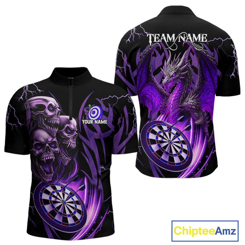 Personalized Skull & Dragon Darts Shirt For Men Custom Lightning Dartboard Team Jersey |Purple TDM4537