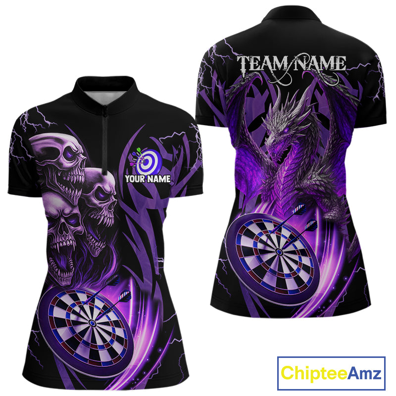 Personalized Skull & Dragon Darts Shirt For Women Custom Lightning Dartboard Team Jersey |Purple TDM4537