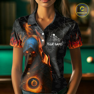 Personalized Flaming Grim Reaper 8 Ball Pool Billiard Shirt For Women, Halloween Billiard Outfit TDM4788