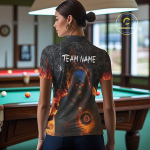 Personalized Flaming Grim Reaper 8 Ball Pool Billiard Shirt For Women, Halloween Billiard Outfit TDM4788