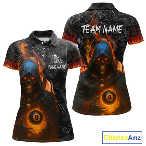Personalized Flaming Grim Reaper 8 Ball Pool Billiard Shirt For Women, Halloween Billiard Outfit TDM4788