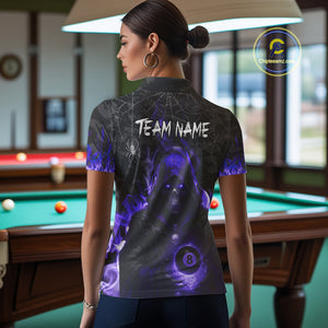 Customized Purple Flame Grim Reaper 8 Ball Pool Billiard Shirt For Women, Halloween Billiard Outfit TDM4790