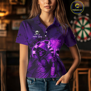 Personalized Purple Grunge Grim Reaper Darts Shirt For Women Custom 3D Darts Jersey Polo & 1/4 Zip TDM4742
