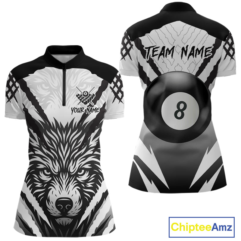 White Black Billiard Jersey Polo & 1/4 Zip Custom 8 Ball Pool Wolf  Billiard Team Shirt For Women TDM4518