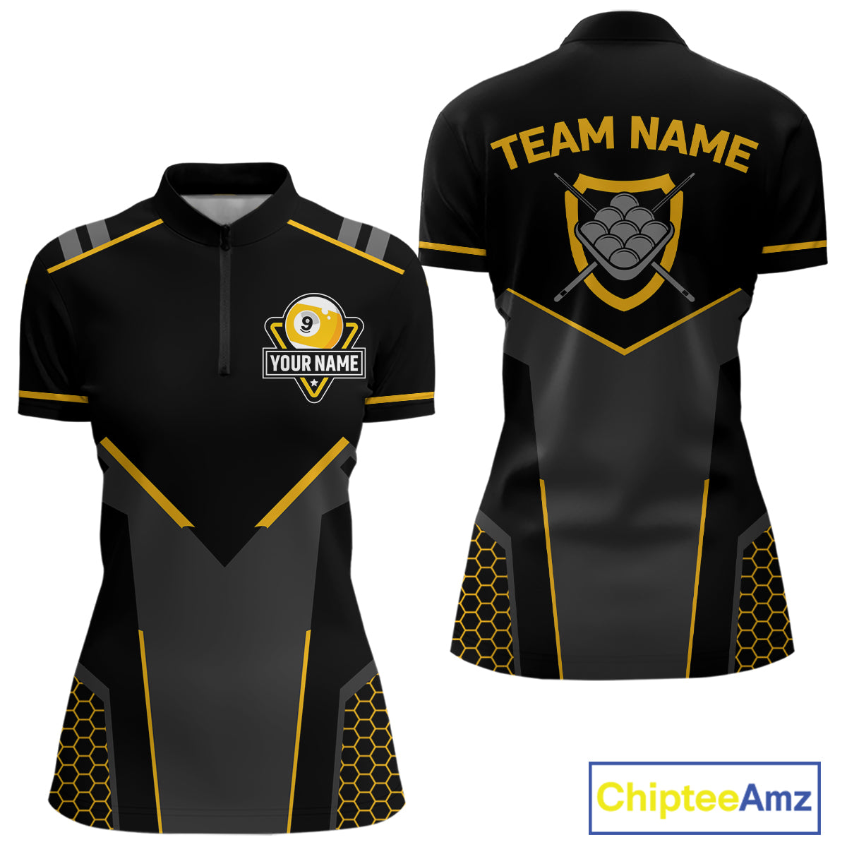 Personalized Yellow Black 9 Ball Billiard Shirt For Women, 9 Ball Pool Team Jersey Polo & 1/4 Zip TDM4476