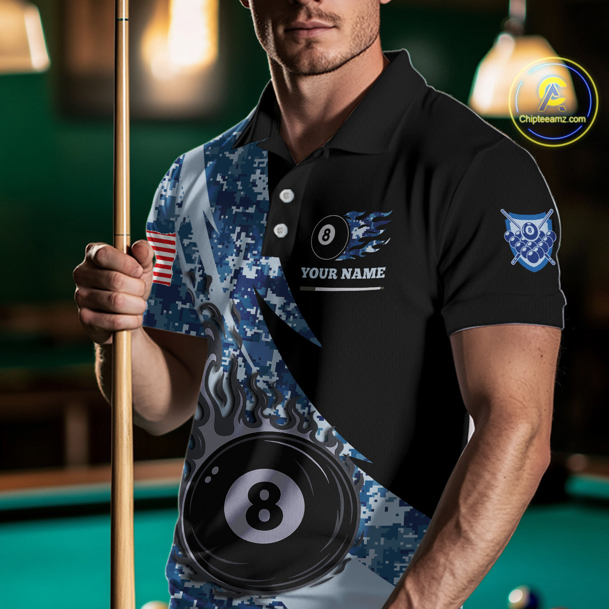 Man wearing personalized flame 8 ball pool military blue camo billiard polo shirt front view.
