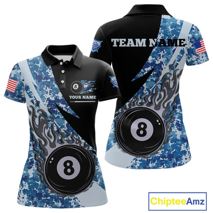 Personalized flame 8 ball pool military blue camo billiard team jersey polo shirt for women, custom pool league apparel and tournament jersey with military camouflage design.