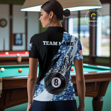 Load image into Gallery viewer, Woman wearing personalized flame 8 ball pool military blue camo billiard polo shirt back view.