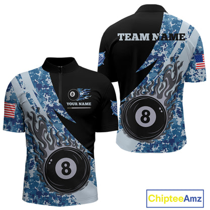 Personalized flame 8 ball pool military blue camo billiard quarter zip shirt for men, custom military camo pool team jersey and tournament apparel.