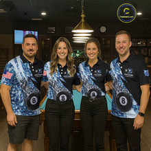 Load image into Gallery viewer, Billiard team wearing matching personalized military blue camo flame 8 ball pool jerseys front view.