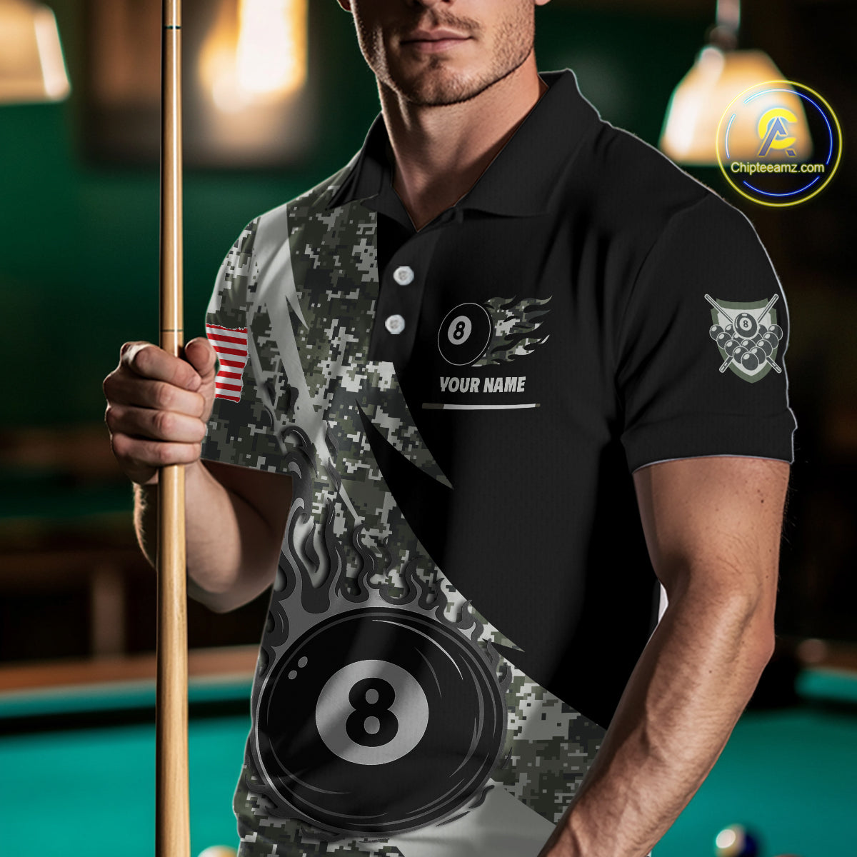 Man wearing personalized flame 8 ball pool military grey camo billiard polo shirt front view.
