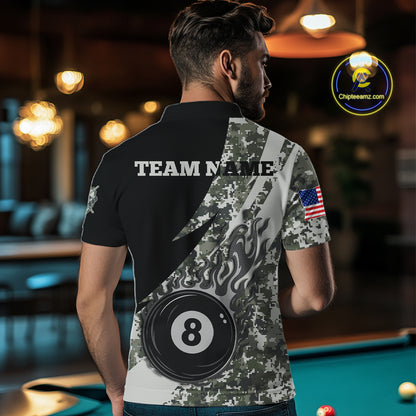 Man wearing personalized flame 8 ball pool military grey camo billiard polo shirt back view.