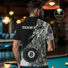 Load image into Gallery viewer, Man wearing personalized flame 8 ball pool military grey camo billiard polo shirt back view.