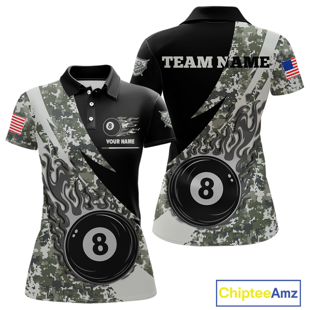 Personalized flame 8 ball pool military grey camo billiard team jersey polo shirt for women, custom pool league apparel and tournament jersey with military camouflage design.