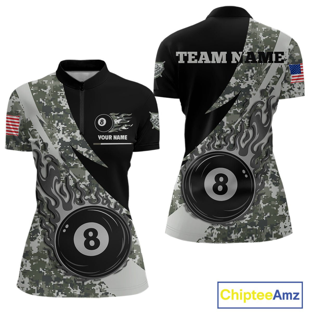 Personalized flame 8 ball pool military grey camo billiard quarter zip shirt for women, custom military camo pool team jersey and tournament apparel.