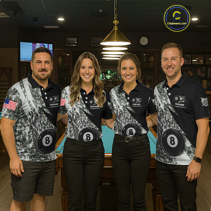 Billiard team wearing matching military grey camo flame 8 ball pool jerseys front view.