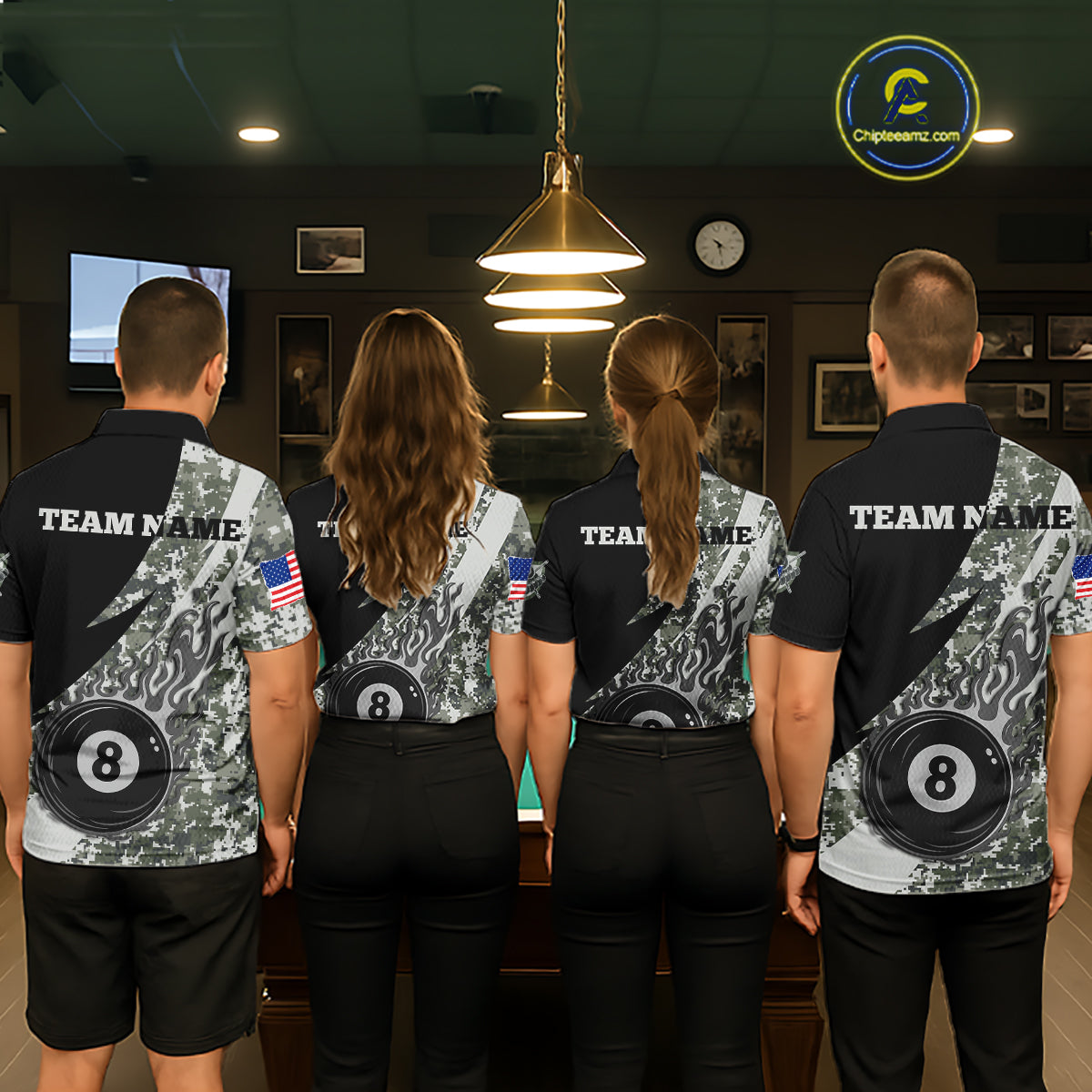 Billiard team wearing matching military grey camo flame 8 ball pool jerseys back view.
