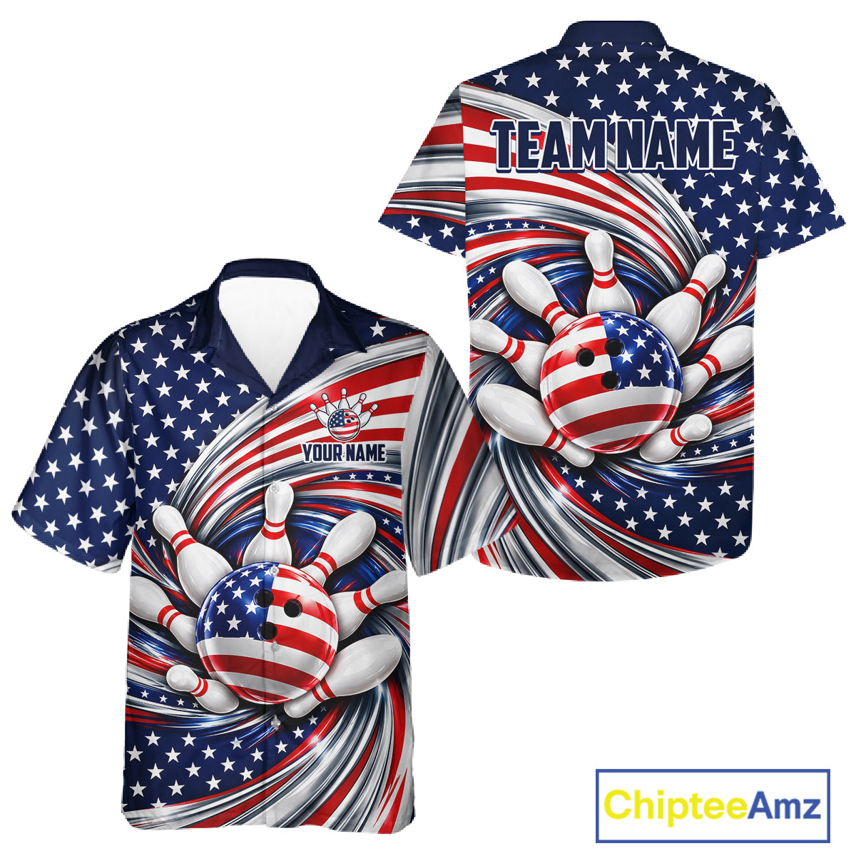 Custom Swirl American Flag Bowling Hawaiian Shirt For Bowler, Patriotic Bowling Team Button Up Jersey TDM7799
