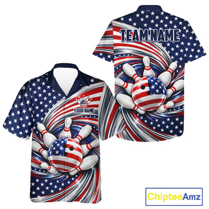Custom Swirl American Flag Bowling Hawaiian Shirt For Bowler, Patriotic Bowling Team Button Up Jersey TDM7799