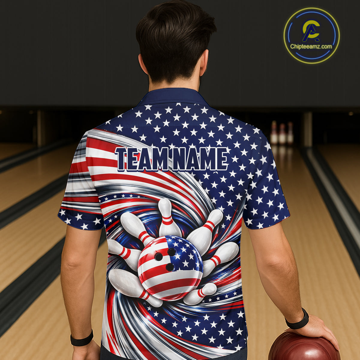 Custom Swirl American Flag Bowling Hawaiian Shirt For Bowler, Patriotic Bowling Team Button Up Jersey TDM7799