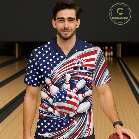 Custom Swirl American Flag Bowling Hawaiian Shirt For Bowler, Patriotic Bowling Team Button Up Jersey TDM7799