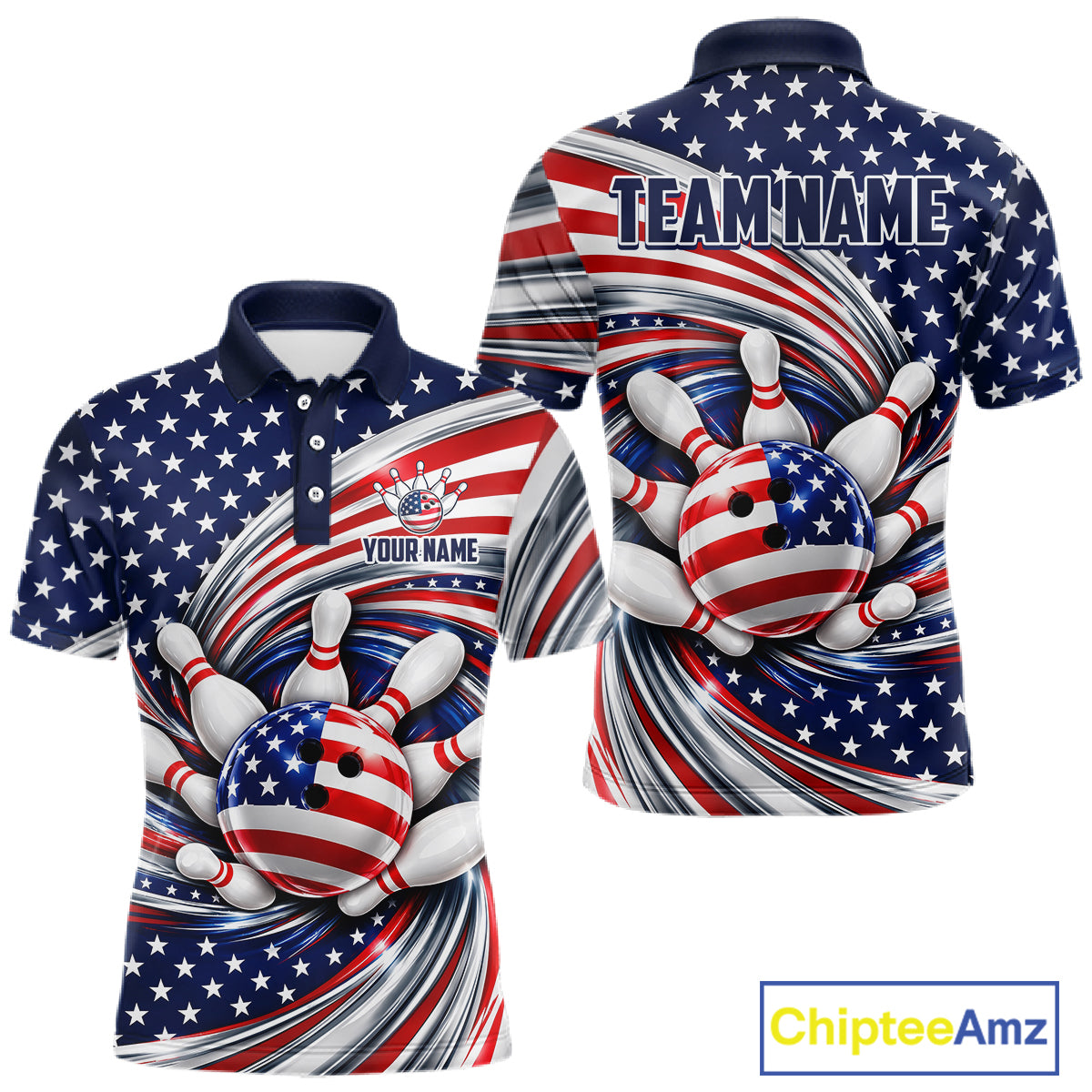Custom Swirl American Flag Bowling Jersey For Men, Patriotic Bowling Team Shirts Polo & 1/4 Zip TDM7799