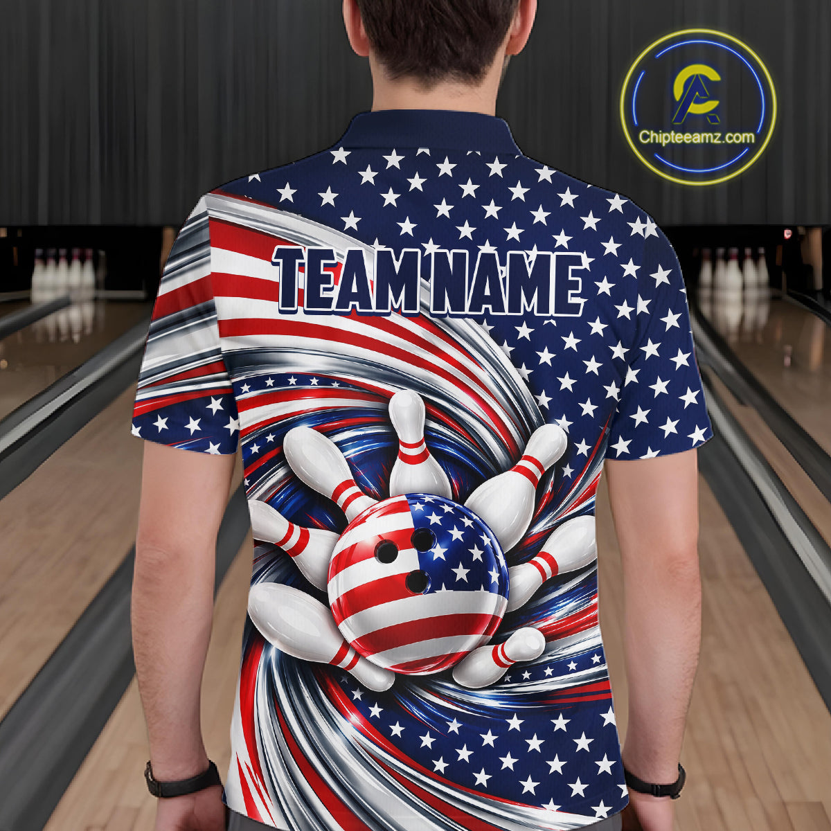 Custom Swirl American Flag Bowling Jersey For Men, Patriotic Bowling Team Shirts Polo & 1/4 Zip TDM7799