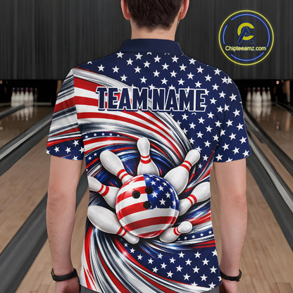Custom Swirl American Flag Bowling Jersey For Men, Patriotic Bowling Team Shirts Polo & 1/4 Zip TDM7799