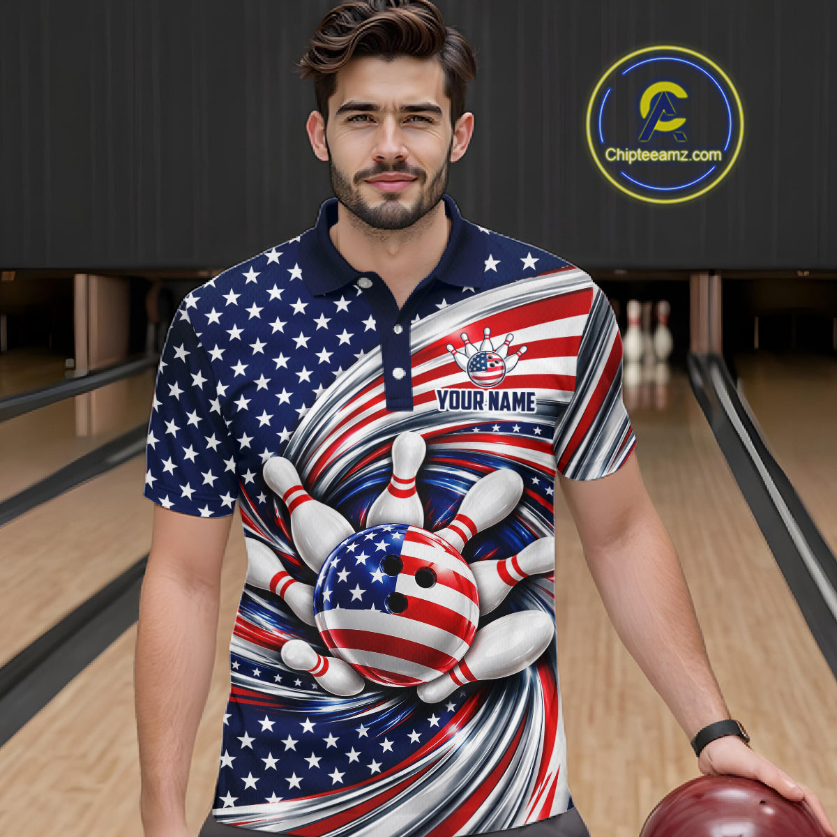 Custom Swirl American Flag Bowling Jersey For Men, Patriotic Bowling Team Shirts Polo & 1/4 Zip TDM7799