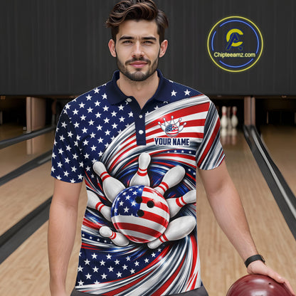 Custom Swirl American Flag Bowling Jersey For Men, Patriotic Bowling Team Shirts Polo & 1/4 Zip TDM7799
