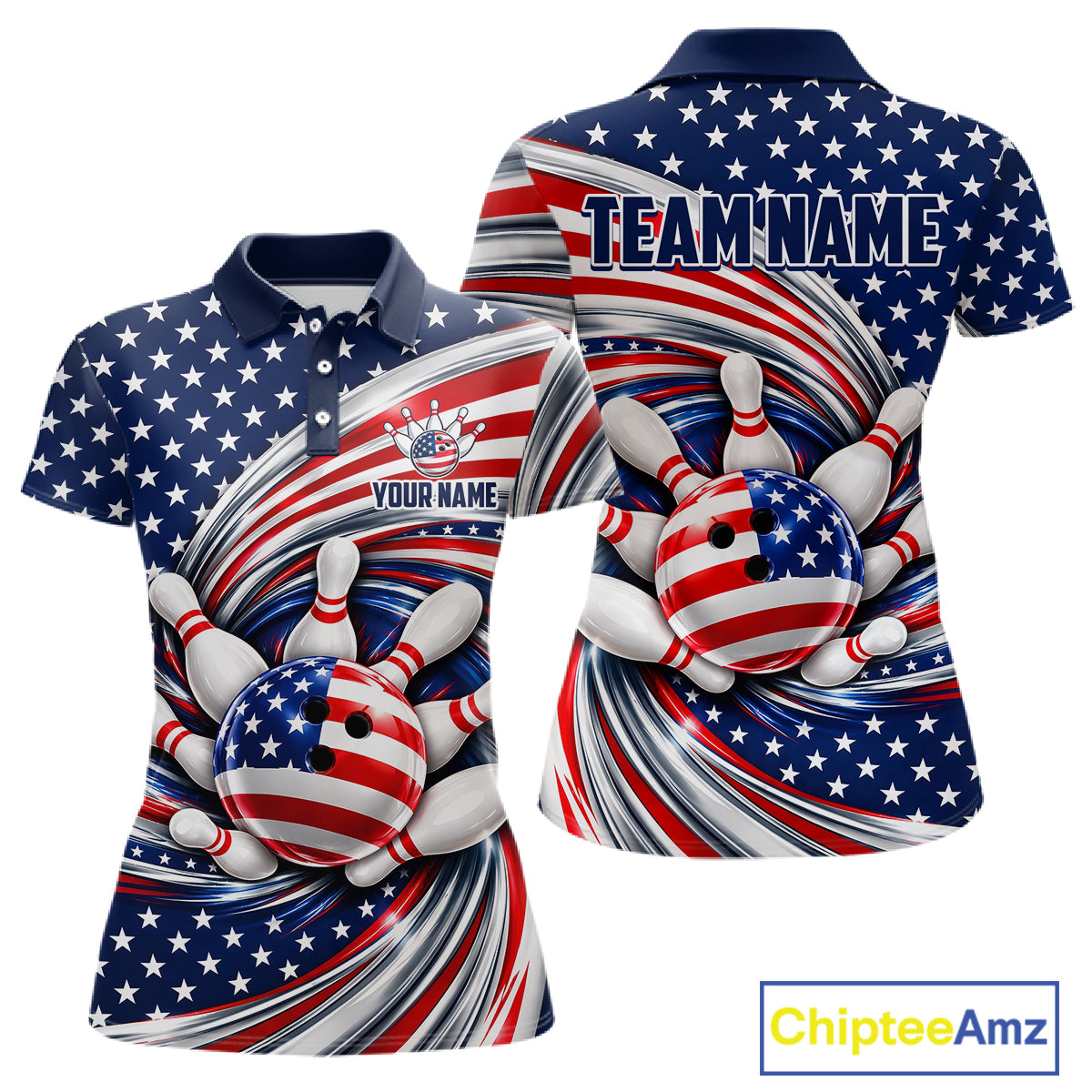 Custom Swirl American Flag Bowling Jersey For Women, Patriotic Bowling Team Shirts Polo & 1/4 Zip TDM7799