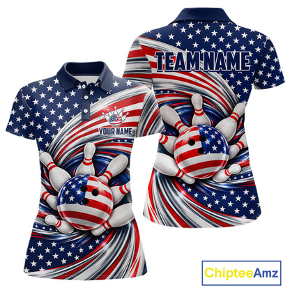 Custom Swirl American Flag Bowling Jersey For Women, Patriotic Bowling Team Shirts Polo & 1/4 Zip TDM7799