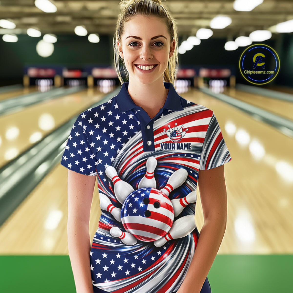 Custom Swirl American Flag Bowling Jersey For Women, Patriotic Bowling Team Shirts Polo & 1/4 Zip TDM7799
