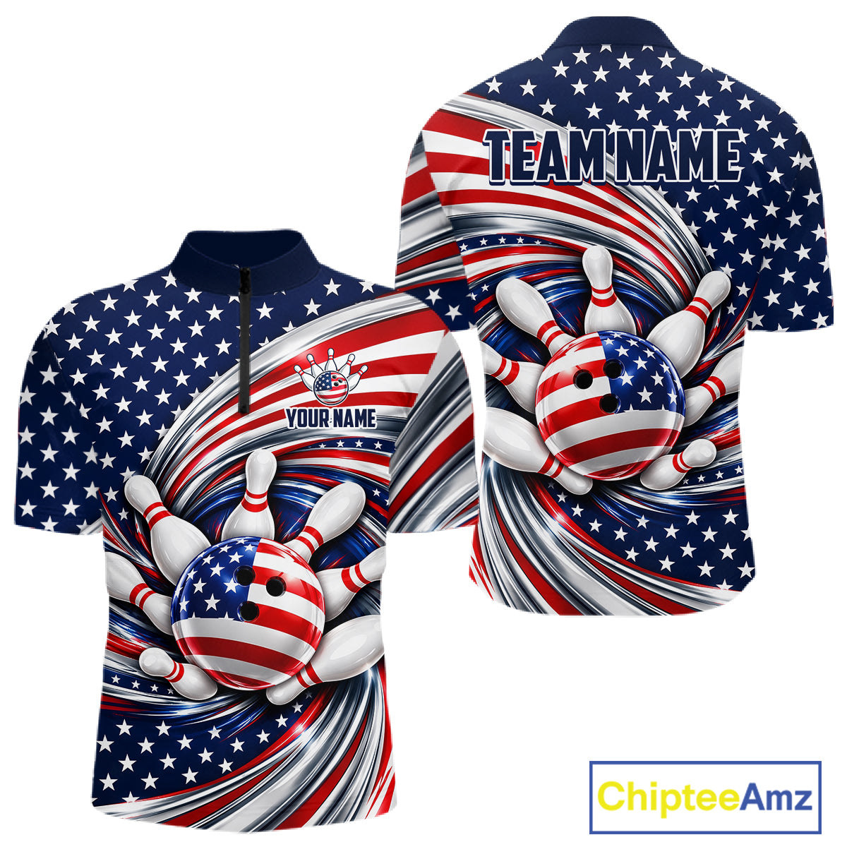 Custom Swirl American Flag Bowling Jersey For Men, Patriotic Bowling Team Shirts Polo & 1/4 Zip TDM7799