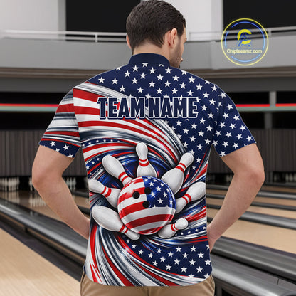 Custom Swirl American Flag Bowling Jersey For Men, Patriotic Bowling Team Shirts Polo & 1/4 Zip TDM7799