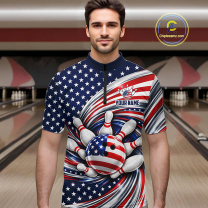 Custom Swirl American Flag Bowling Jersey For Men, Patriotic Bowling Team Shirts Polo & 1/4 Zip TDM7799