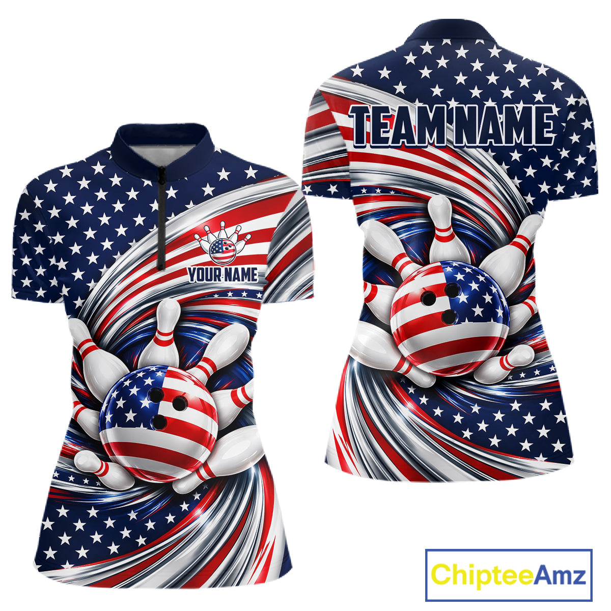 Custom Swirl American Flag Bowling Jersey For Women, Patriotic Bowling Team Shirts Polo & 1/4 Zip TDM7799