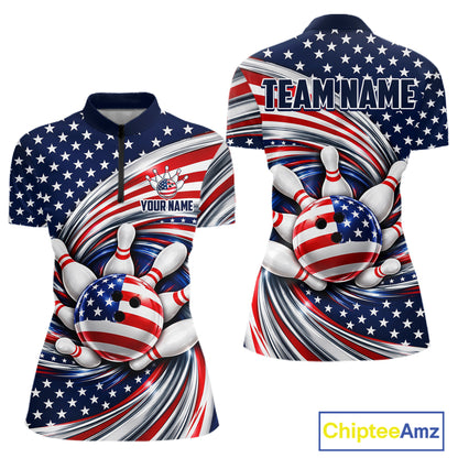 Custom Swirl American Flag Bowling Jersey For Women, Patriotic Bowling Team Shirts Polo & 1/4 Zip TDM7799