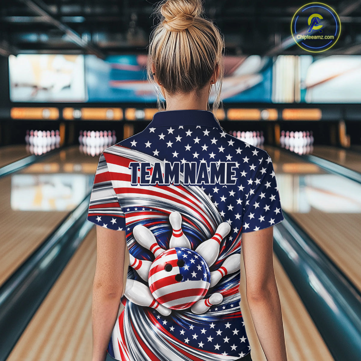 Custom Swirl American Flag Bowling Jersey For Women, Patriotic Bowling Team Shirts Polo & 1/4 Zip TDM7799