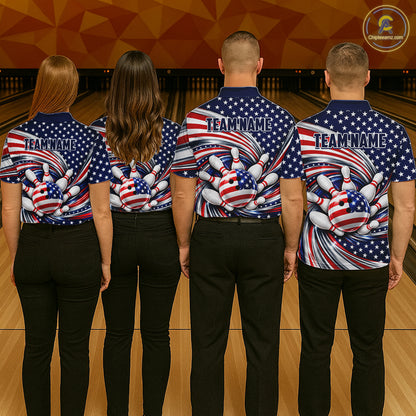Custom Swirl American Flag Bowling Jersey For Men, Patriotic Bowling Team Shirts Polo & 1/4 Zip TDM7799