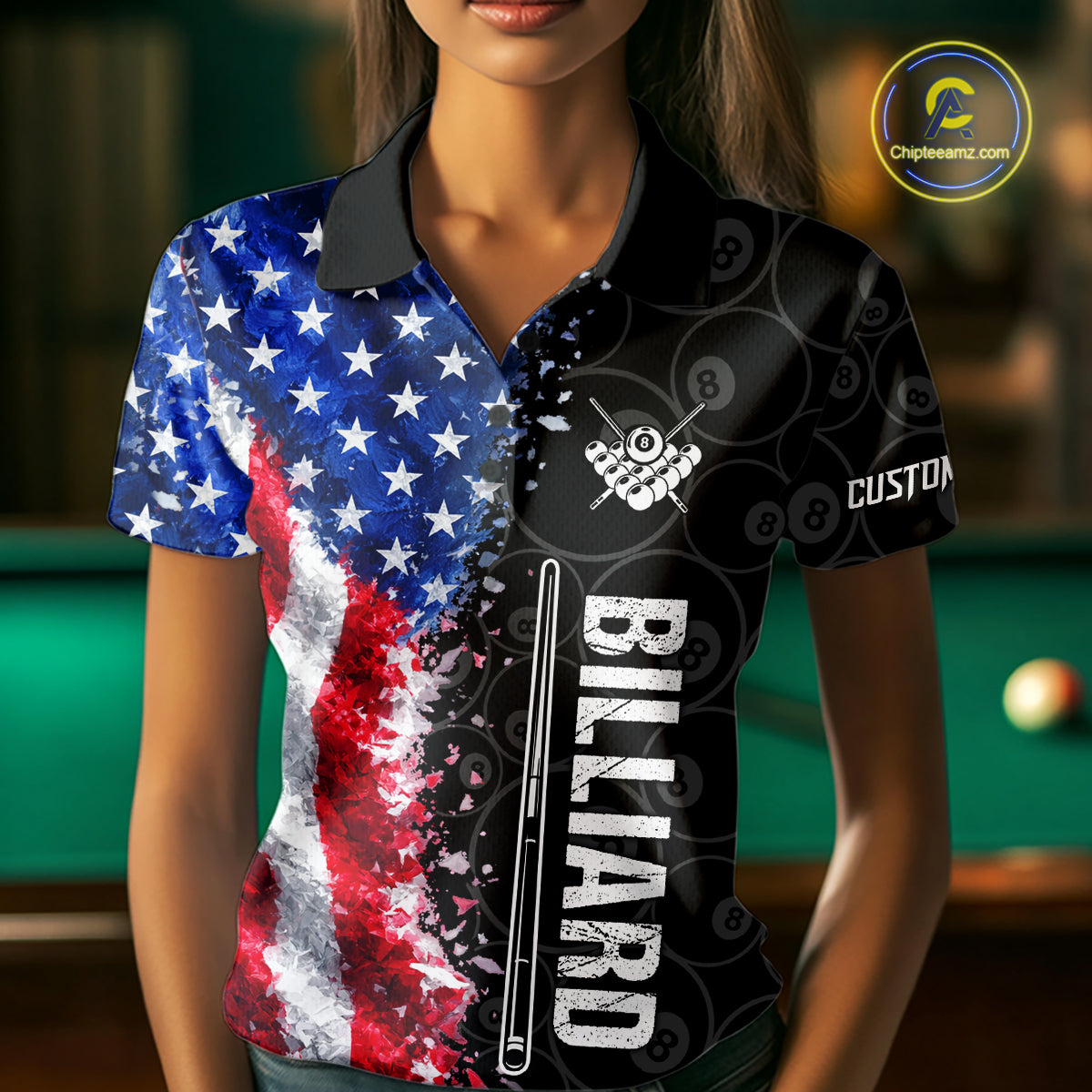 Grunge American Flag 8 Ball Pool Billiard Shirt For Women Custom Billiard Team Jersey Polo & 1/4 Zip TDM5891
