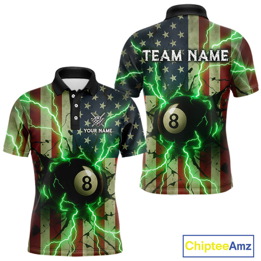 Green 8 Ball Lightning American Flag Billiard Shirt For Men Custom Patriotic Pool Team Jersey TDM5402