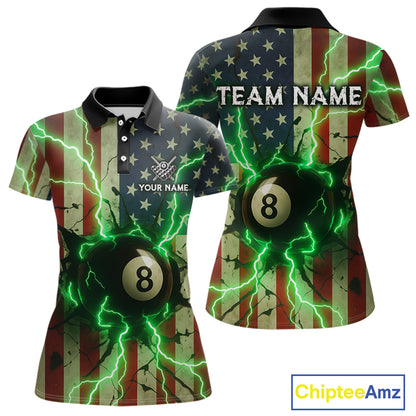 Green 8 Ball Lightning American Flag Billiard Shirt For Women Custom Patriotic Pool Team Jersey TDM5402
