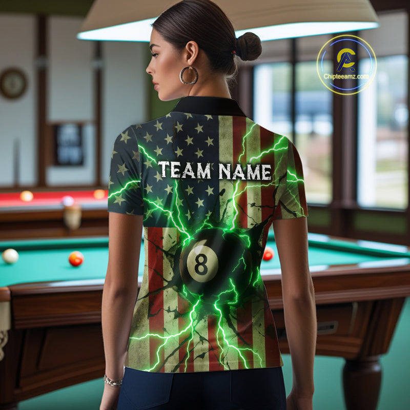 Green 8 Ball Lightning American Flag Billiard Shirt For Women Custom Patriotic Pool Team Jersey TDM5402