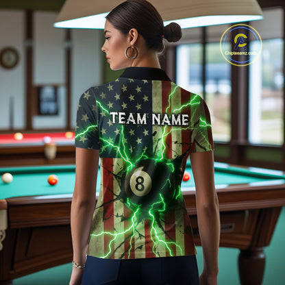 Green 8 Ball Lightning American Flag Billiard Shirt For Women Custom Patriotic Pool Team Jersey TDM5402