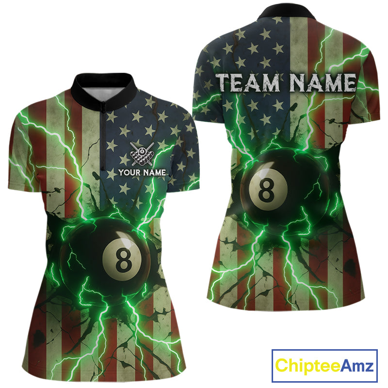 Green 8 Ball Lightning American Flag Billiard Shirt For Women Custom Patriotic Pool Team Jersey TDM5402