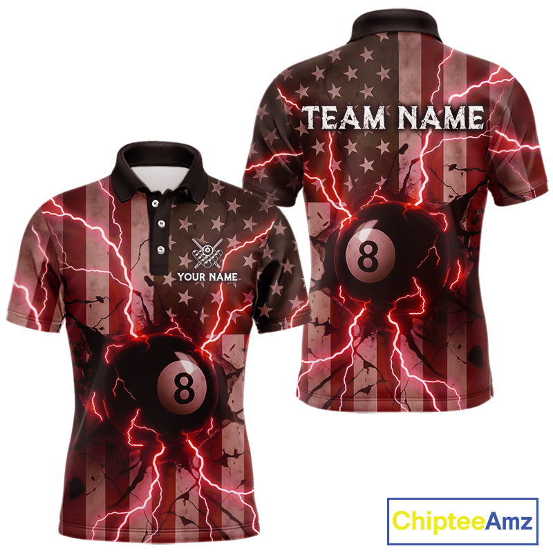 Red 8 Ball Lightning American Flag Billiard Shirt For Men Custom Patriotic Pool Team Jersey TDM5403