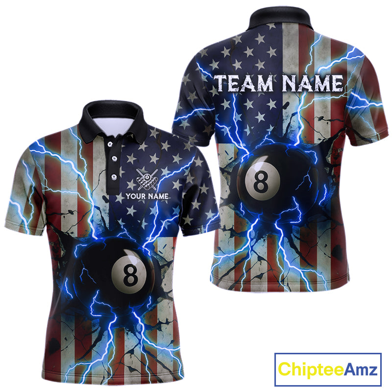 Blue 8 Ball Lightning American Flag Billiard Shirt For Men Custom Patriotic Pool Team Jersey TDM5404