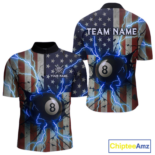 Blue 8 Ball Lightning American Flag Billiard Shirt For Men Custom Patriotic Pool Team Jersey TDM5404